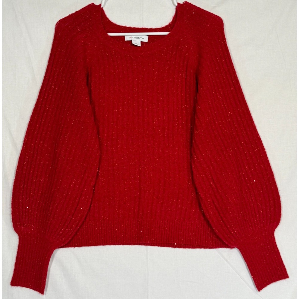 Liz Claiborn Petite‎ Large Carpet Red Sweater Metallic Shine Bling Fancy $54